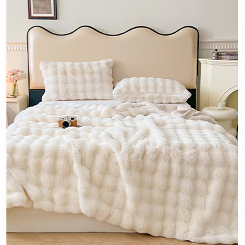 Luxury Thick Faux Fur Blanket Soft Plush Throw with Cushion Cream White