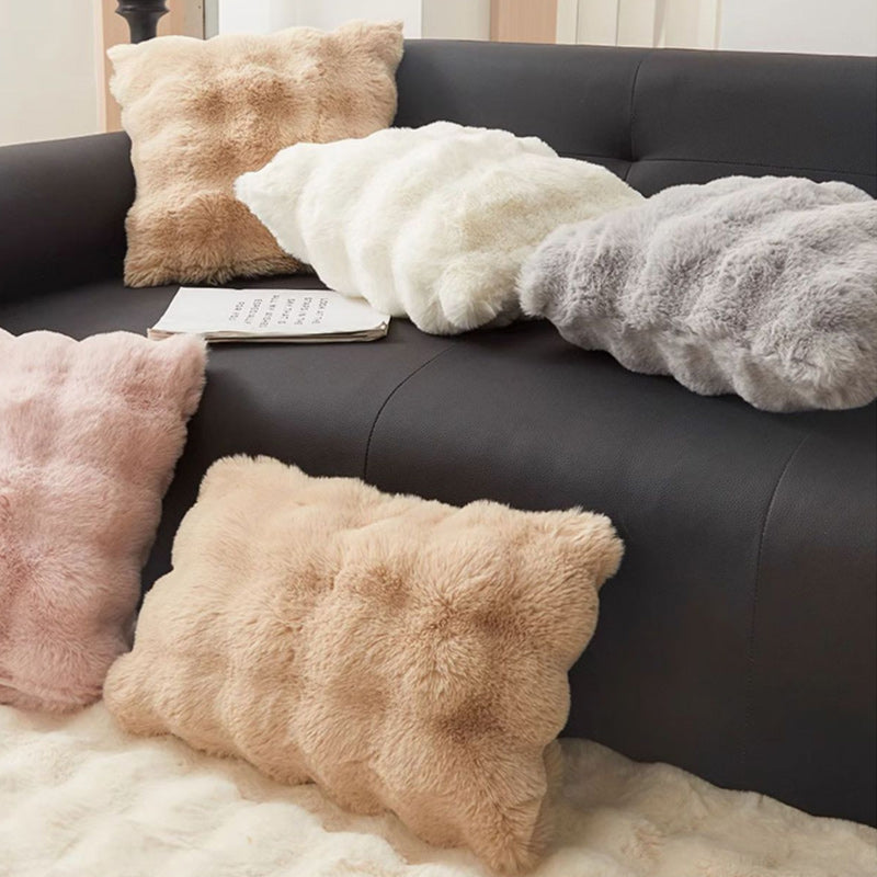 Super Soft Faux Rabbit Plush Square Cushion Sofa Pillow Cover Pink