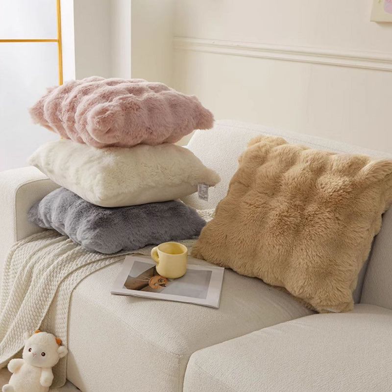 Super Soft Faux Rabbit Plush Square Cushion Sofa Pillow Cover Pink