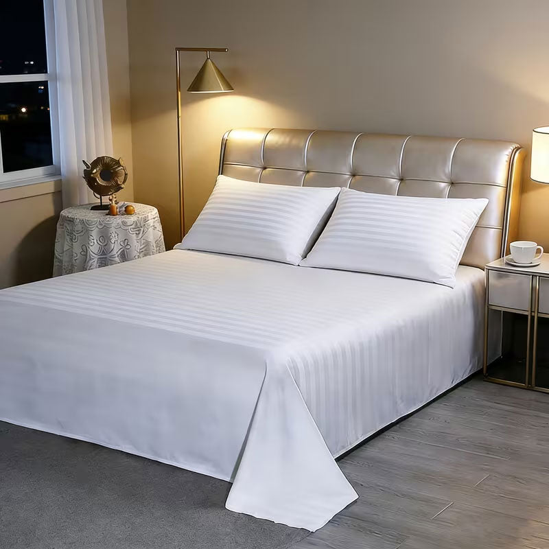 100% Cotton 650TC 1cm Sateen Striped Soft Sheet set White