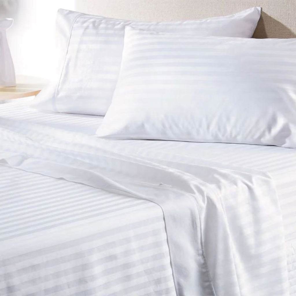 100% Cotton 650TC 1cm Sateen Striped Soft Sheet set White