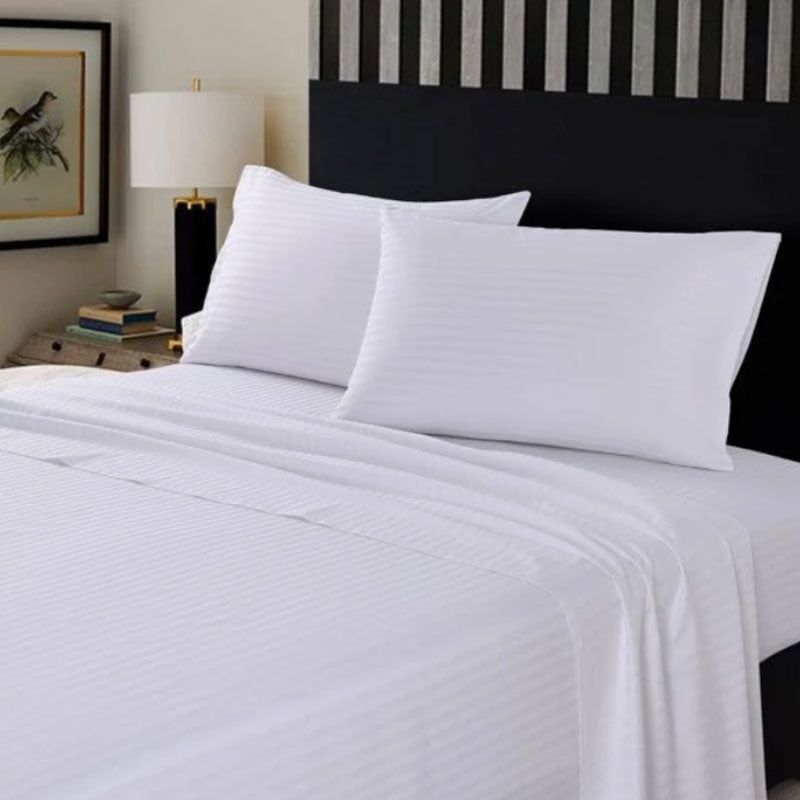 100% Cotton 650TC 1cm Sateen Striped Soft Sheet set White