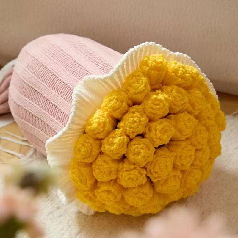 Knitted Acrylic Flower Hug Pillow Stuffed 22×60cm Yellow