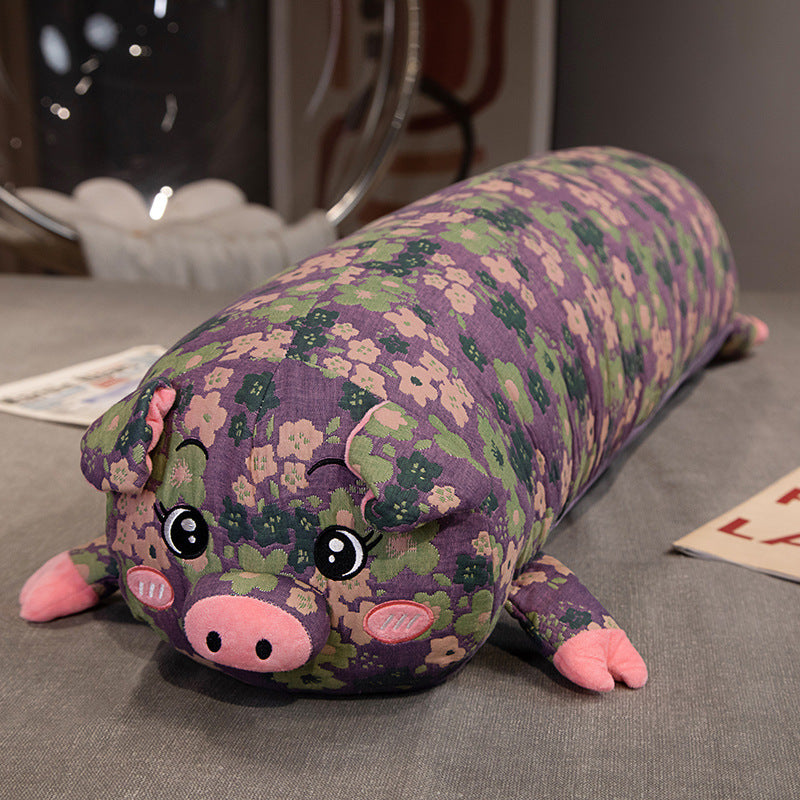 130cm Long Cute Pig Body Pillow Floral Cylindrical Hugging Pillow Purple