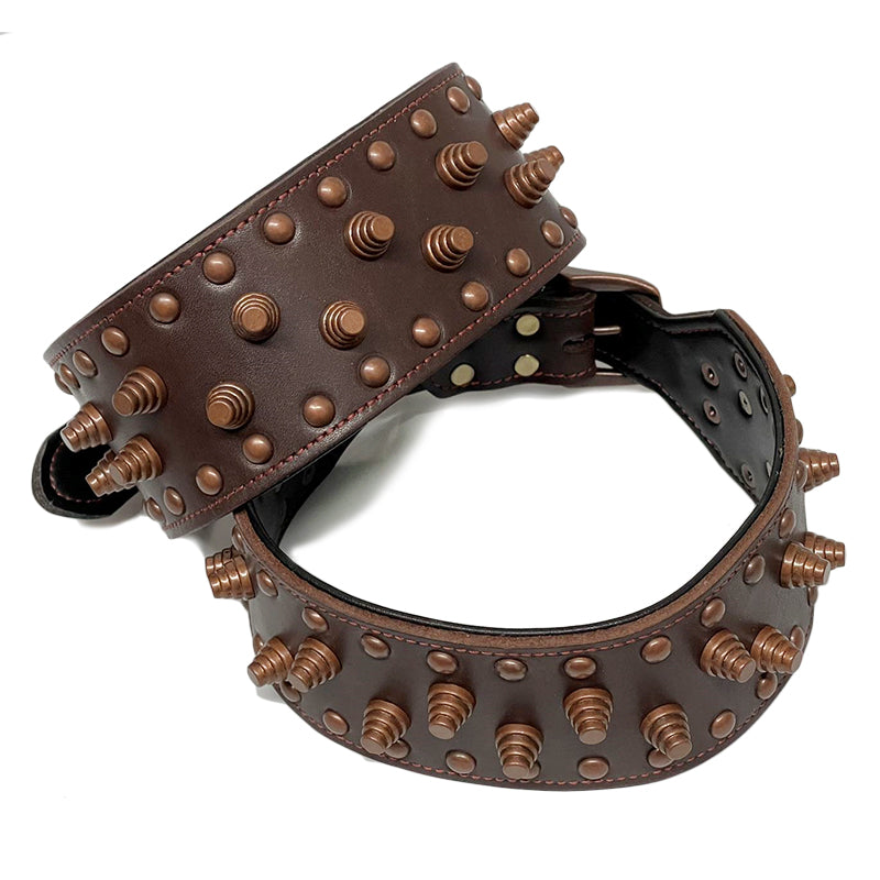 Real Leather Pet Dog Collar Non-sharp Spikes Retro Style Collar M L