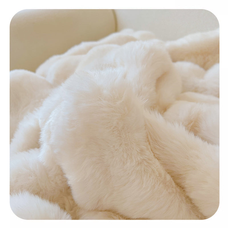 Luxury Thick Faux Fur Blanket Soft Plush Throw with Cushion Cream White