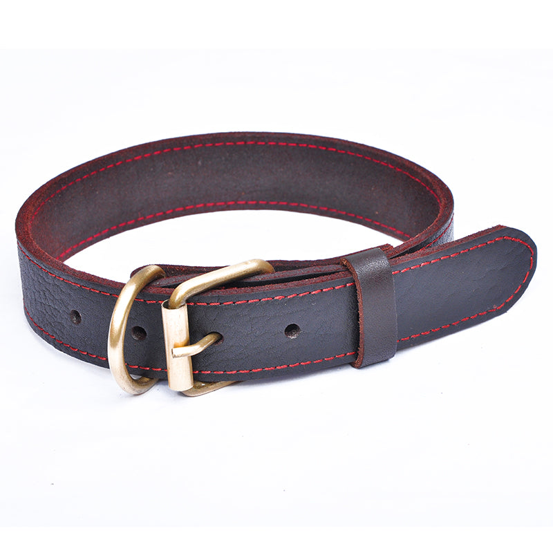 Premium Genuine Leather Dog Collar Red Stitching Brass Buckle M L