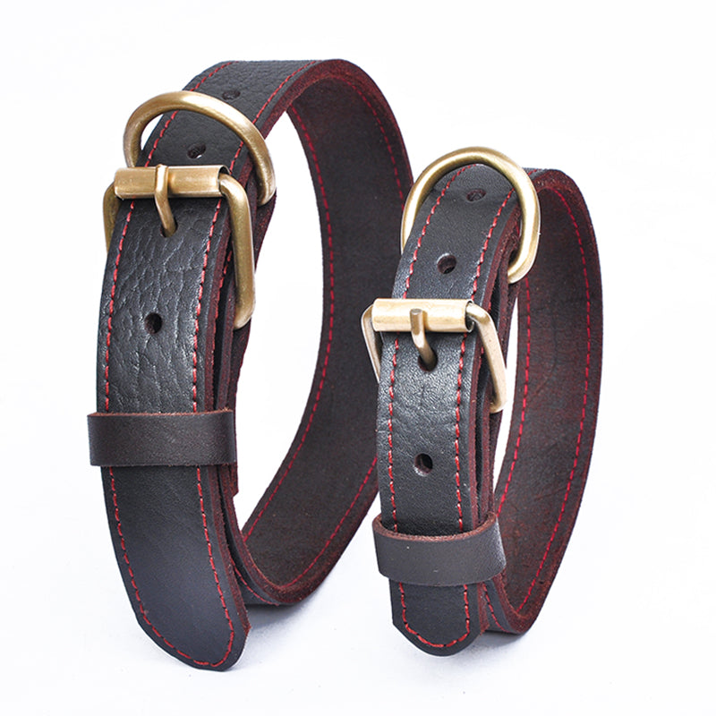 Premium Genuine Leather Dog Collar Red Stitching Brass Buckle M L