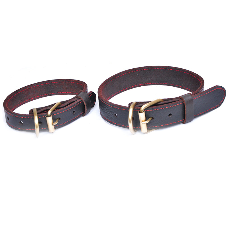 Premium Genuine Leather Dog Collar Red Stitching Brass Buckle M L