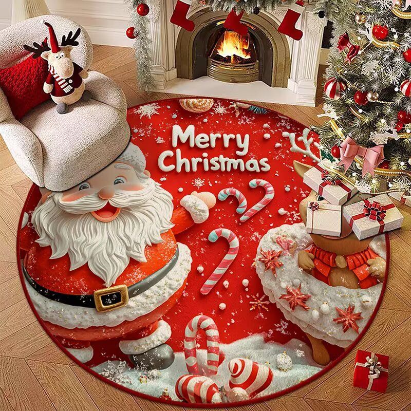 Christmas Santa Claus Round Rug Festive Red Holiday Floor Mat with Candy Canes 120cm