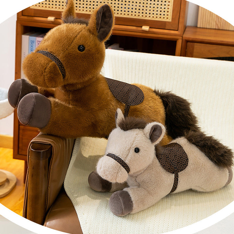 Cute Lying Horse Plush Toy Soft Brown Stuffed Animal with Saddle Detail 60cm