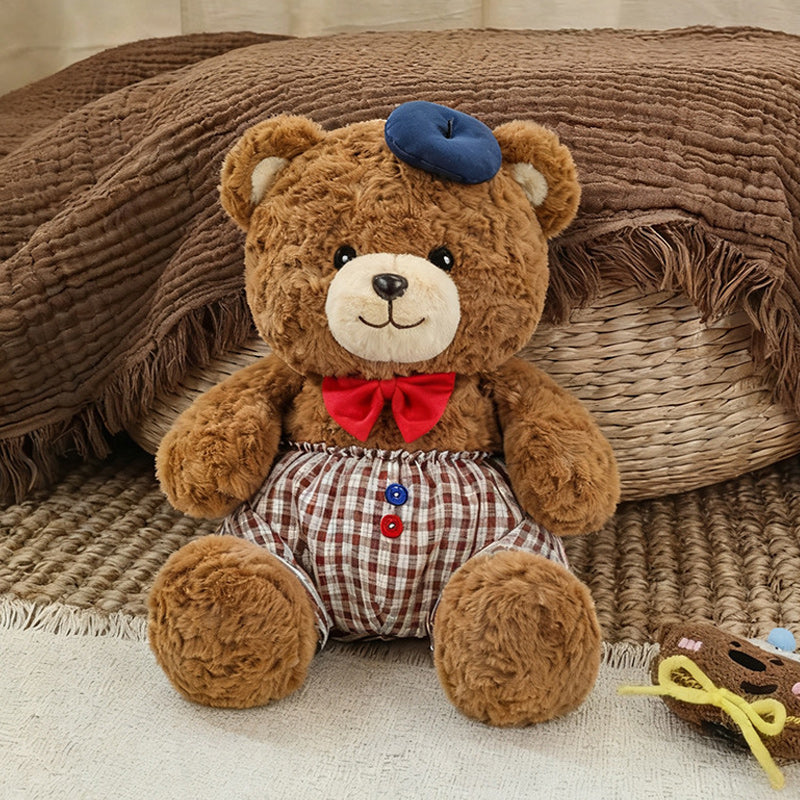 Jumbo Checkered Bear Plush Toy Soft Big Teddy Bear with Beret & Red Bow 90cm