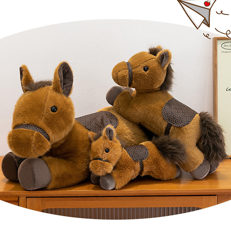 Cute Lying Horse Plush Toy Soft Brown Stuffed Animal with Saddle Detail 60cm