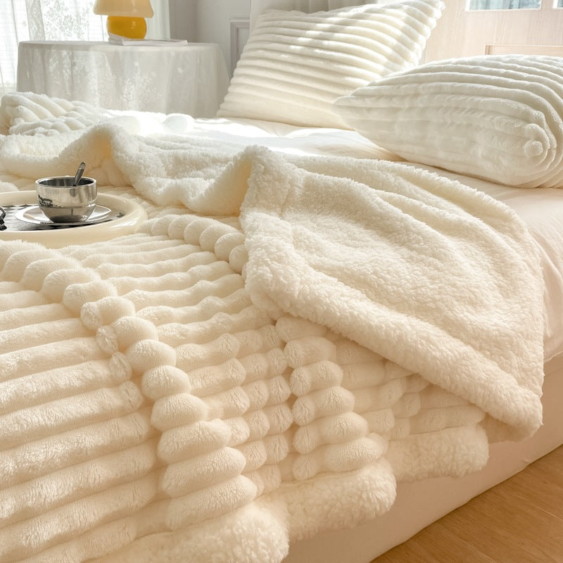 Large Ultimate Sherpa Blanket Striped Texture Throw Rug 200x230cm Cream