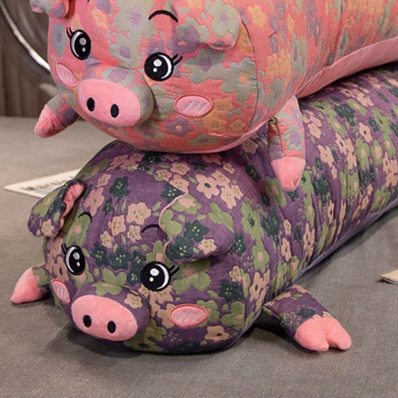 130cm Long Cute Pig Body Pillow Floral Cylindrical Hugging Pillow Purple