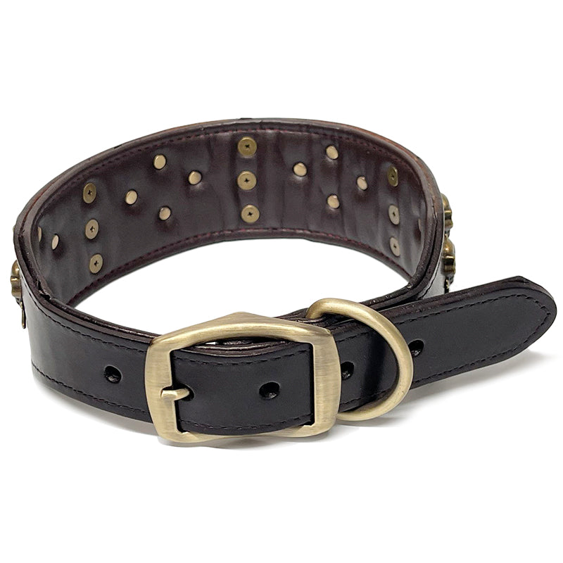 Real Leather Pet Dog Collar Retro Style Skull Charm Studded Collar L XL