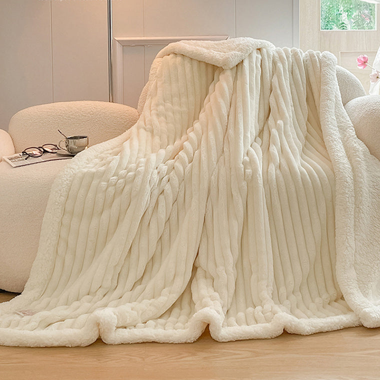 Large Ultimate Sherpa Blanket Striped Texture Throw Rug 200x230cm Cream