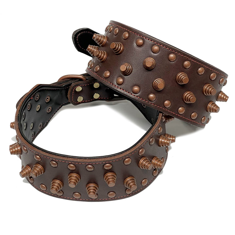 Real Leather Pet Dog Collar Non-sharp Spikes Retro Style Collar M L
