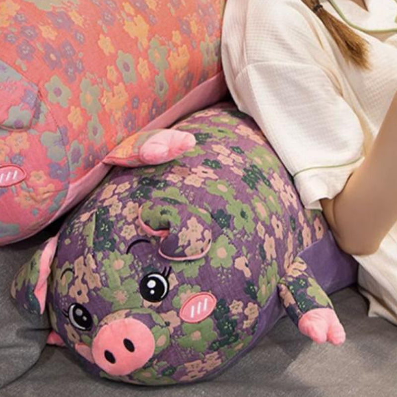 130cm Long Cute Pig Body Pillow Floral Cylindrical Hugging Pillow Purple