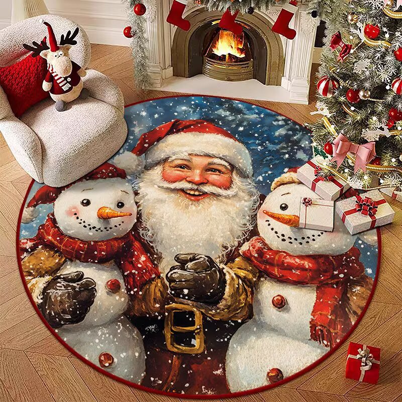 Christmas Santa & Snowmen Round Rug Festive Holiday Floor Mat 120cm
