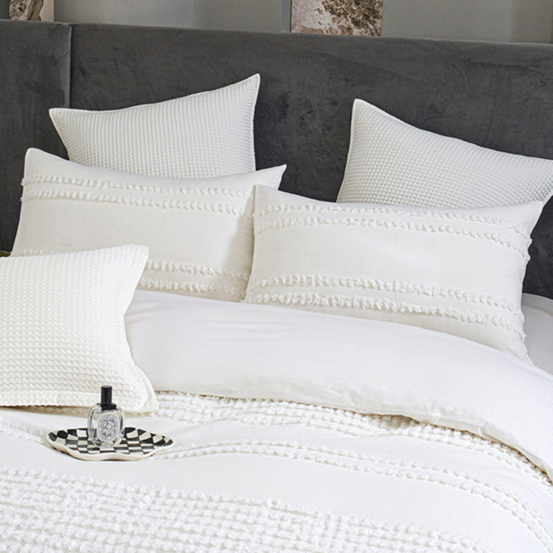 One Pair of 100% Cotton Tufted Stripe Pillowcases Dusty White Assorted Pattern