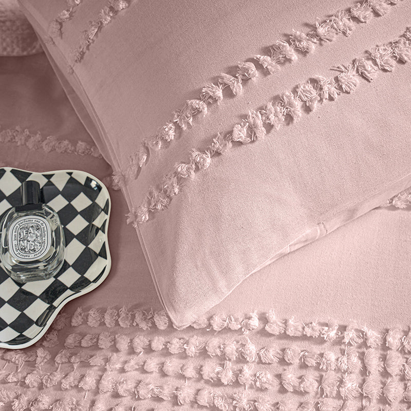 One Pair of 100% Cotton Tufted Stripe Pillowcases Dusty Pink Assorted Pattern