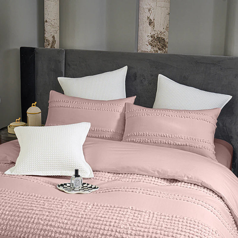One Pair of 100% Cotton Tufted Stripe Pillowcases Dusty Pink Assorted Pattern
