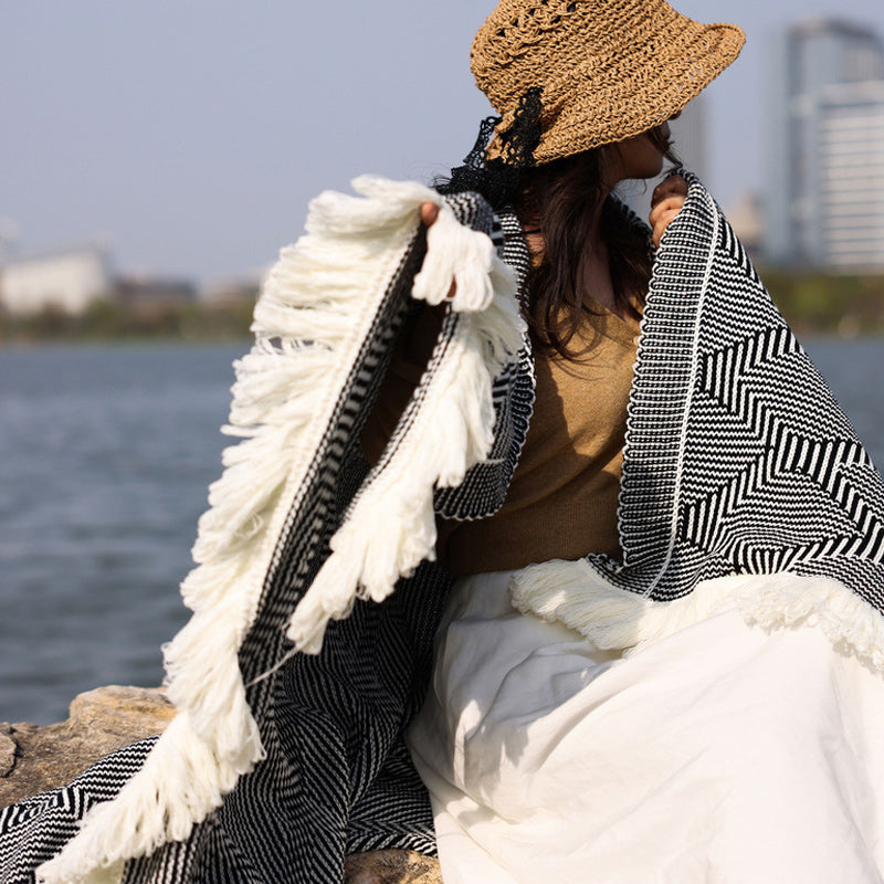 Cotton Blend Eldo Multi-Purpose Knitted Throw Blanket with Fringed Edges 130x180cm