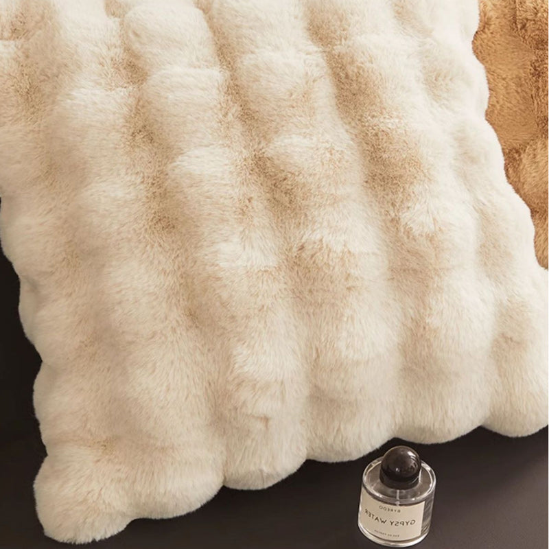 Super Soft Faux Rabbit Plush Square Cushion Sofa Pillow Cover Cream