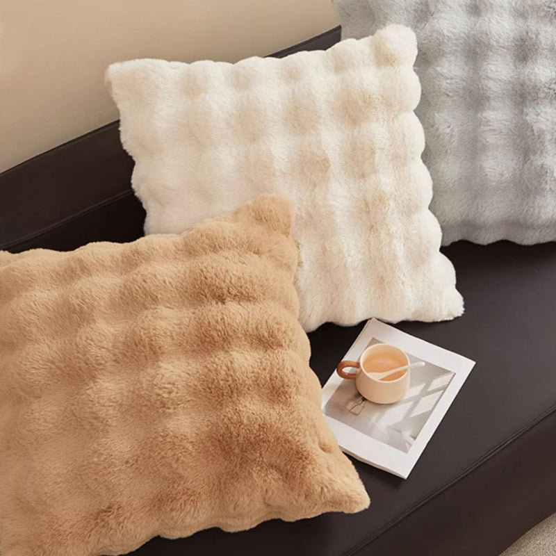 Super Soft Faux Rabbit Plush Square Cushion Sofa Pillow Cover Cream