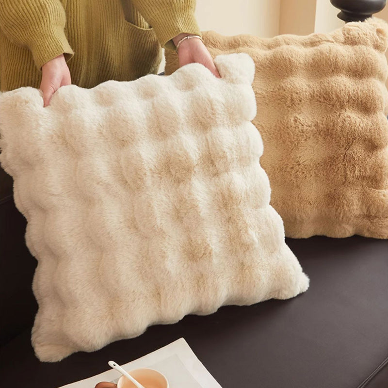 Super Soft Faux Rabbit Plush Square Cushion Sofa Pillow Cover Cream