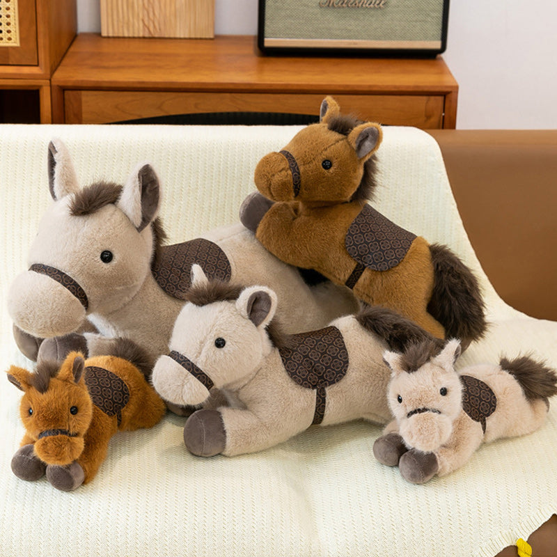Cute Lying Horse Plush Toy Soft Beige Stuffed Animal with Saddle Detail 60cm