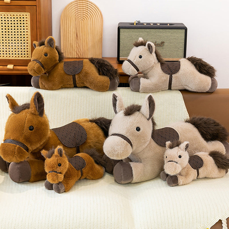 Cute Lying Horse Plush Toy Soft Brown Stuffed Animal with Saddle Detail 60cm