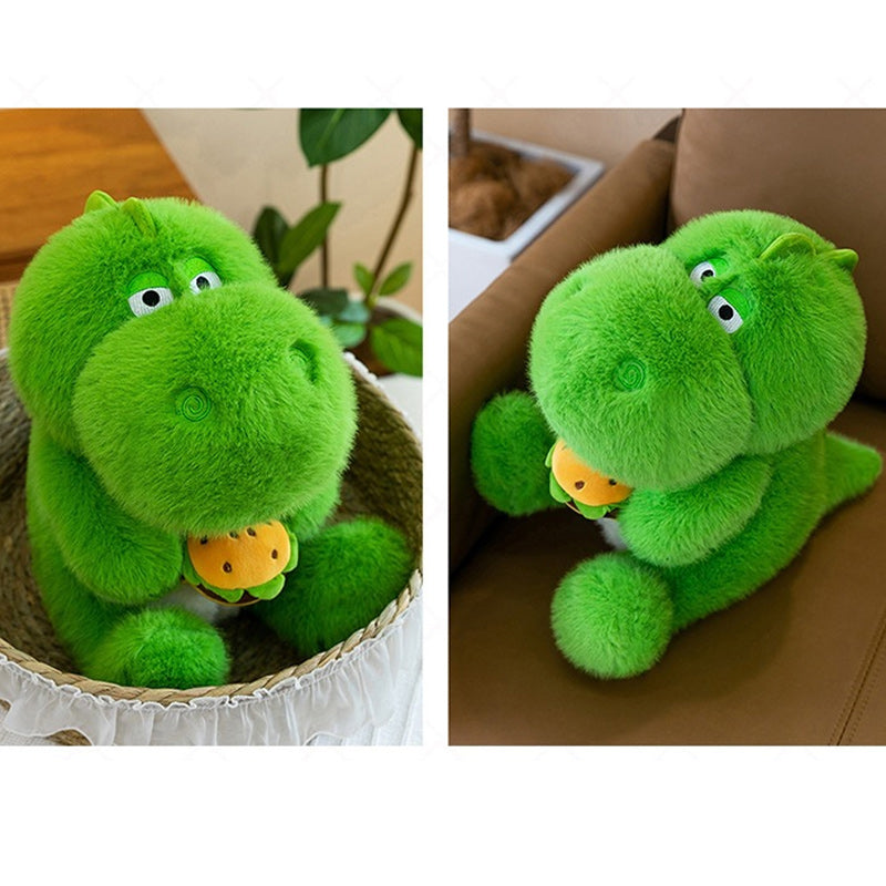 Cute Green Dinosaur Plush Toy Soft Stuffed Dino Holding Hamburger 65cm
