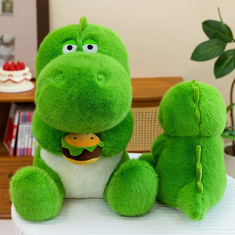 Cute Green Dinosaur Plush Toy Soft Stuffed Dino Holding Hamburger 65cm
