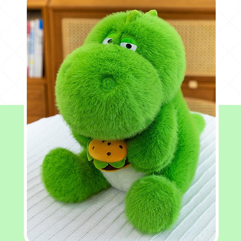 Cute Green Dinosaur Plush Toy Soft Stuffed Dino Holding Hamburger 65cm
