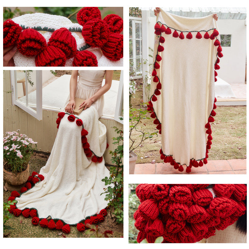 Rose Bouquet Knitted Round Blanket Cozy Tassel Throw 150cm Diameter