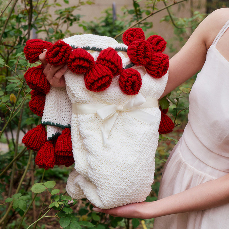Rose Bouquet Knitted Round Blanket Cozy Tassel Throw 150cm Diameter