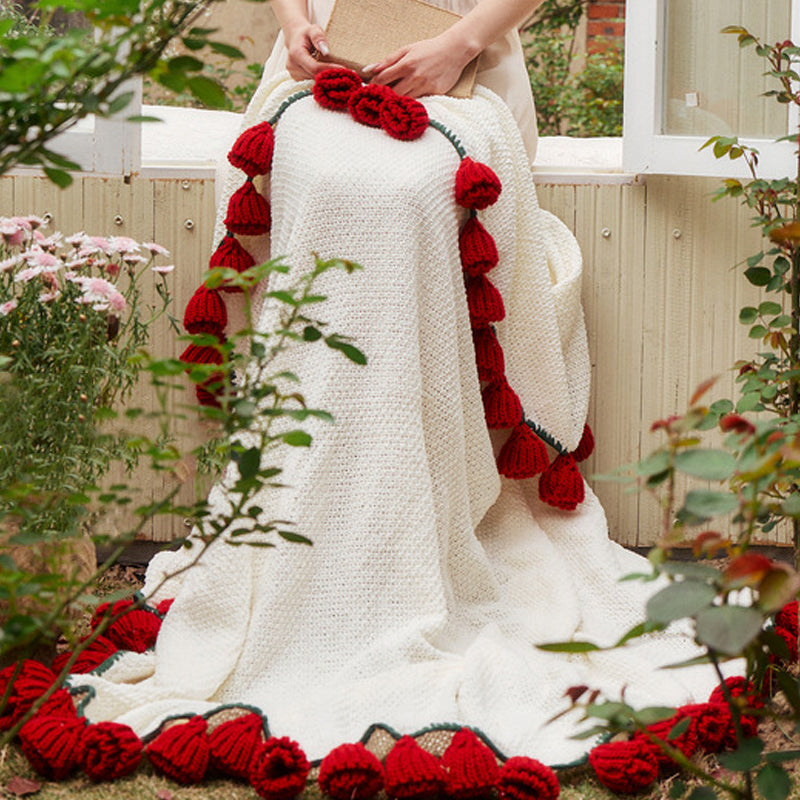 Rose Bouquet Knitted Round Blanket Cozy Tassel Throw 150cm Diameter