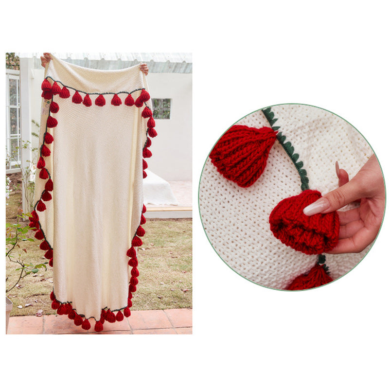 Rose Bouquet Knitted Round Blanket Cozy Tassel Throw 150cm Diameter