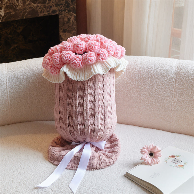 Knitted Acrylic Flower Hug Pillow Stuffed 22×60cm Pink