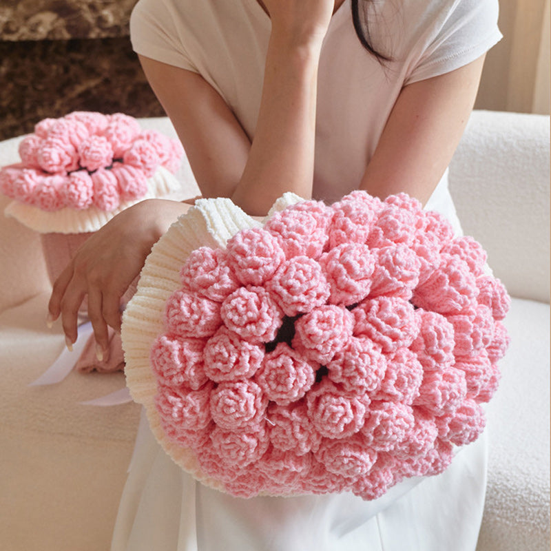 Knitted Acrylic Flower Hug Pillow Stuffed 22×60cm Pink