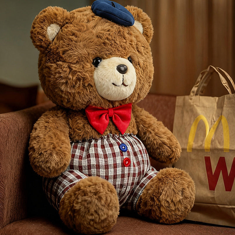 Jumbo Checkered Bear Plush Toy Soft Big Teddy Bear with Beret & Red Bow 90cm