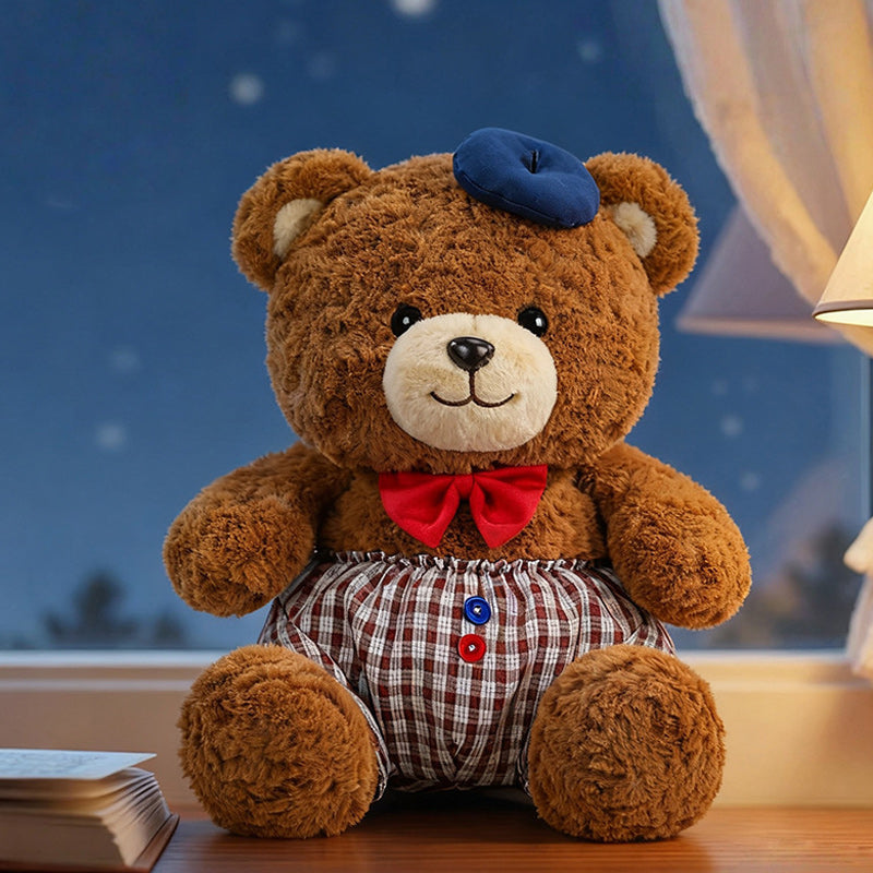 Jumbo Checkered Bear Plush Toy Soft Big Teddy Bear with Beret & Red Bow 90cm