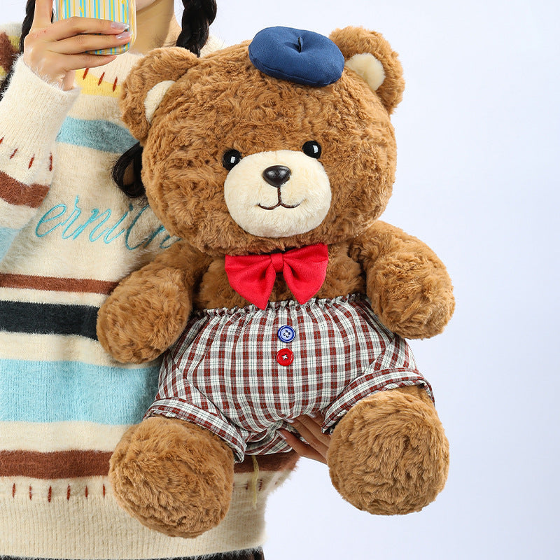 Jumbo Checkered Bear Plush Toy Soft Big Teddy Bear with Beret & Red Bow 90cm
