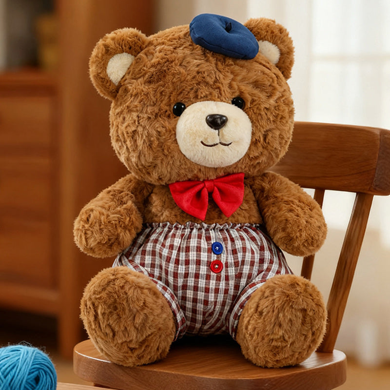 Jumbo Checkered Bear Plush Toy Soft Big Teddy Bear with Beret & Red Bow 90cm