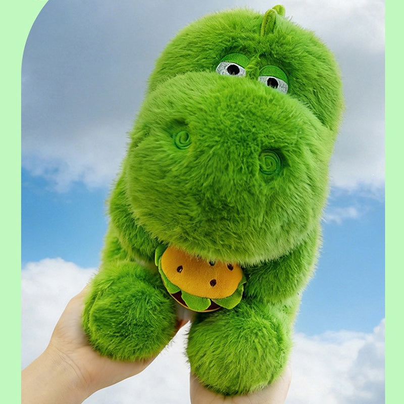 Cute Green Dinosaur Plush Toy Soft Stuffed Dino Holding Hamburger 65cm