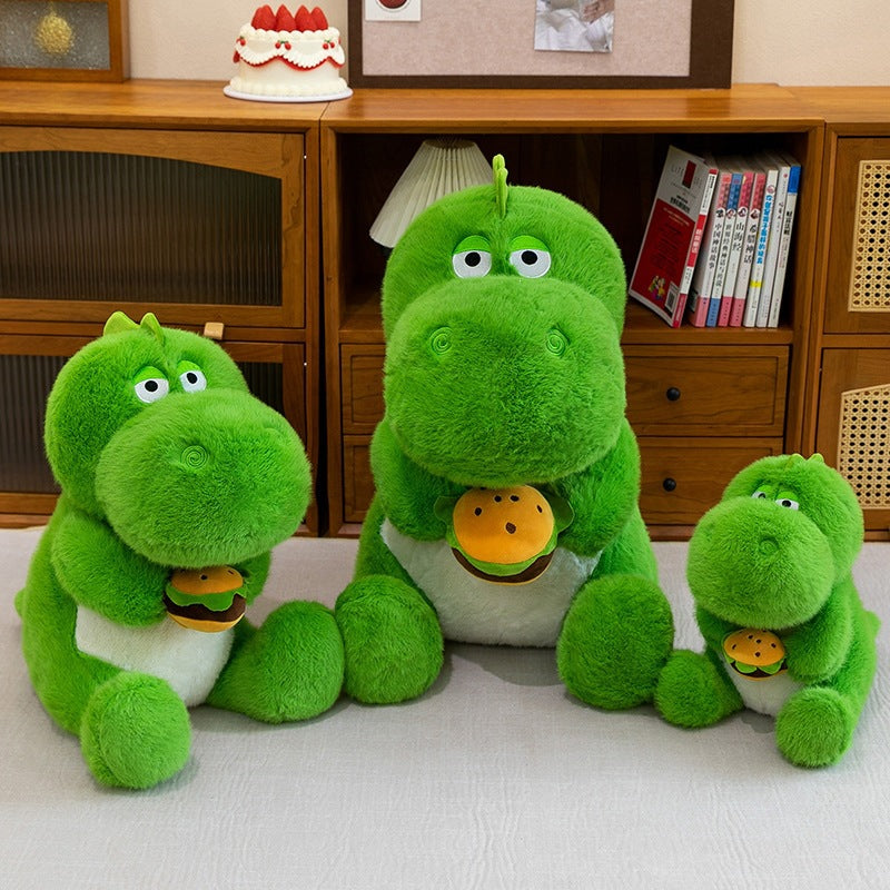 Cute Green Dinosaur Plush Toy Soft Stuffed Dino Holding Hamburger 65cm