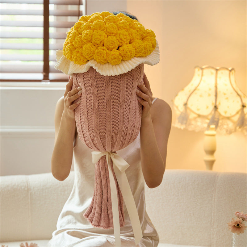 Knitted Acrylic Flower Hug Pillow Stuffed 22×60cm Yellow