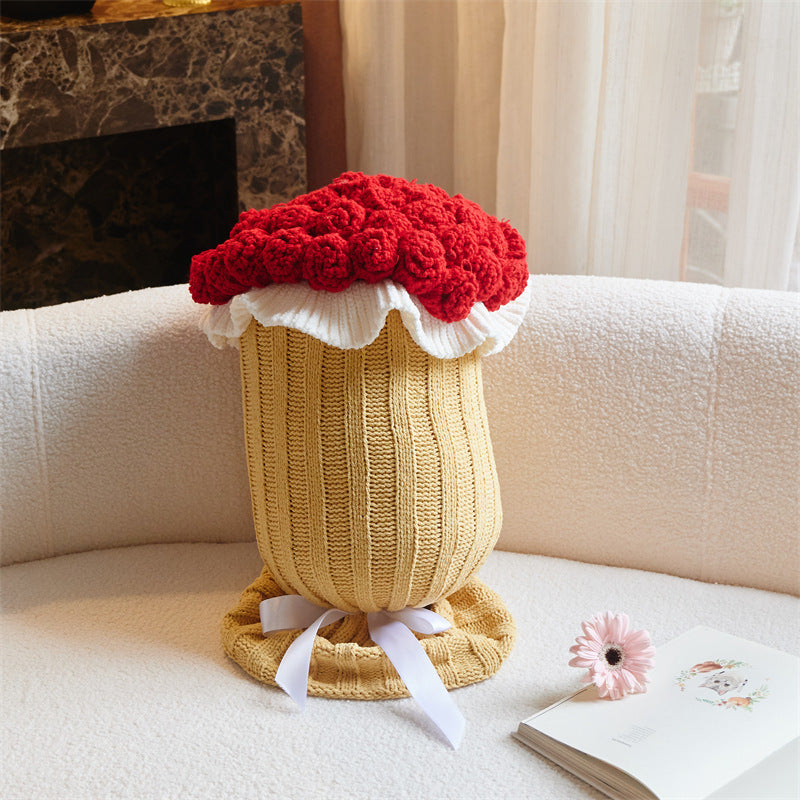 Knitted Acrylic Flower Hug Pillow Stuffed 22×60cm Red